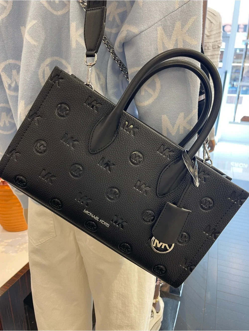 Michael Kors Mirella Md Logo Debossed EW Top Zip Satchel Shoulder Tote Black NWT